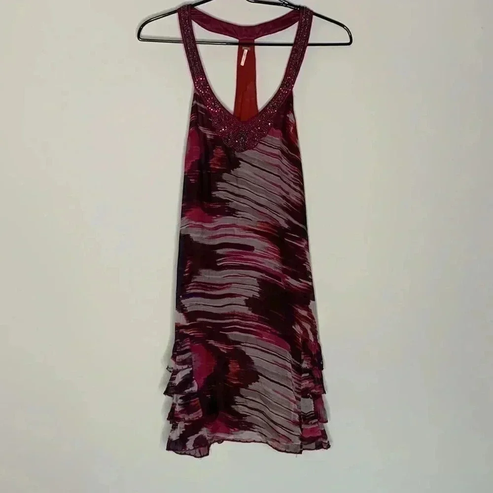 FREE PEOPLE RED OAXACA WATER COLOR SILK BEADED V NECK DRESS Sz 4